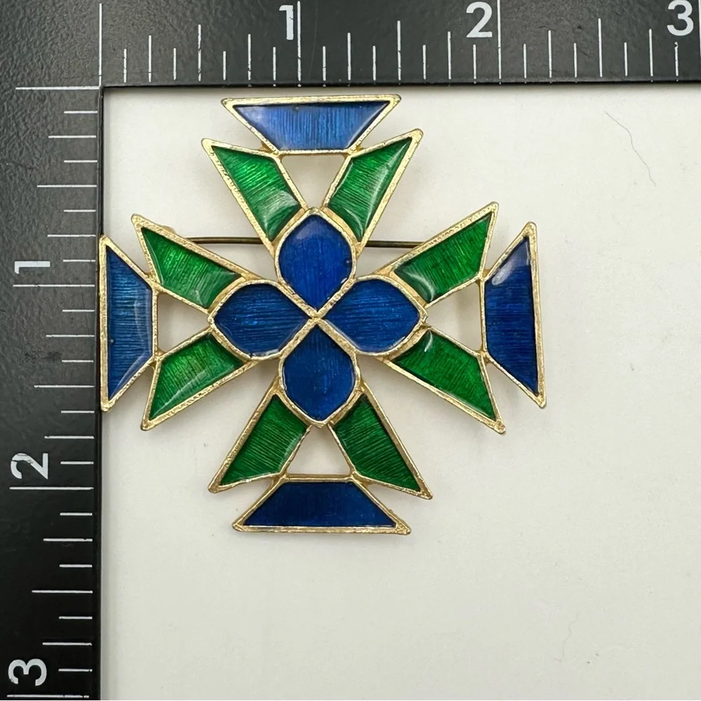 Vintage FLORENZA Green & Blue Enamel Maltese Greek Cross Pin Brooch